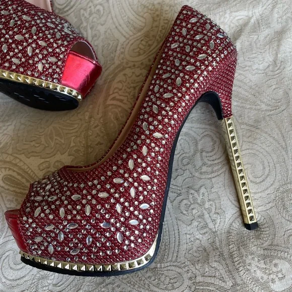 βSOLDβ Red glitzy rhinestone peep toe super high heel platform stiletto 8 - Picture 1 of 3